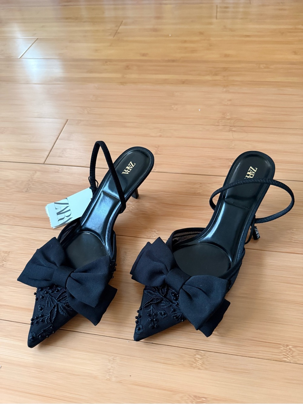 NEW! ZARA - Embellished Pointed-Toe Slingback Heels with Bow - Black - Size 7.5